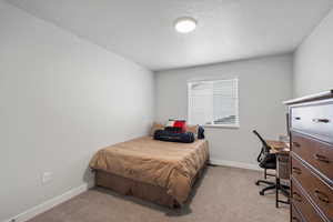 Bedroom with light colored carpet, a desk, and a textured ceiling