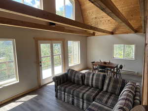 Living room with plenty of natural light, wood finished floors, and baseboard heating