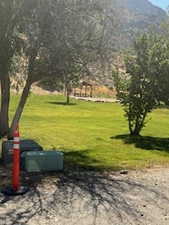 View of home's community featuring a lawn and a mountain view