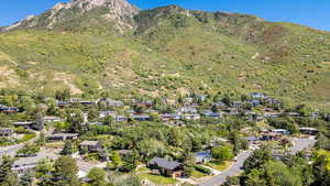 Aerial view of residential area with a mountain backdrop