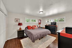 Bedroom featuring dark wood-style flooring and a closet