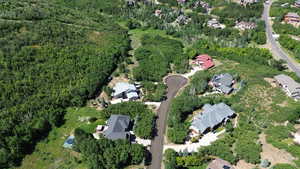 Aerial overview of property's location featuring nearby suburban area and a forest