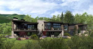 Back of property with stone siding, a deck, stairs, and a chimney