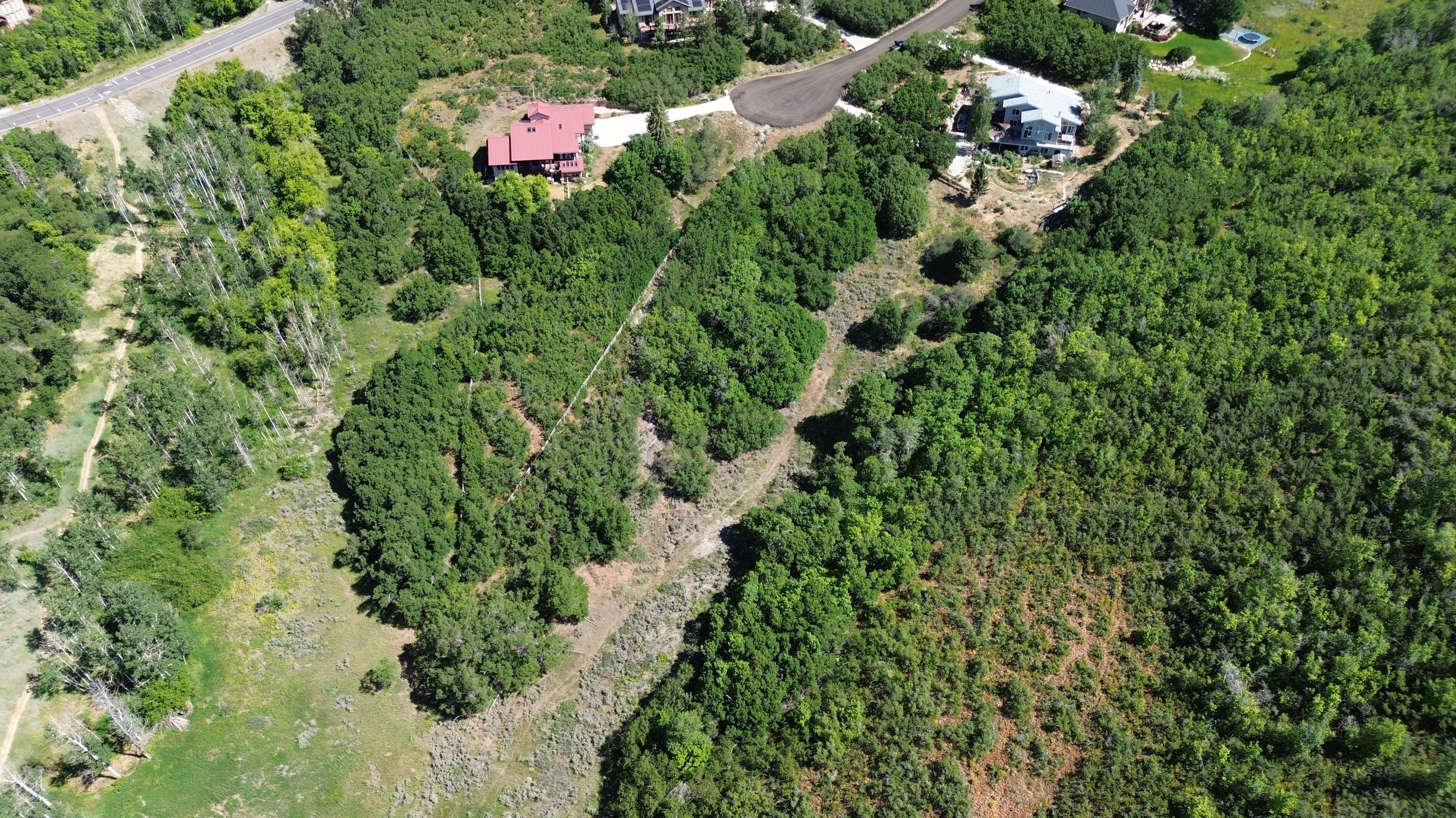 Aerial overview of property's location featuring a heavily wooded area
