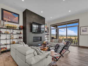 Living area with light wood finished floors, a fireplace, and recessed lighting