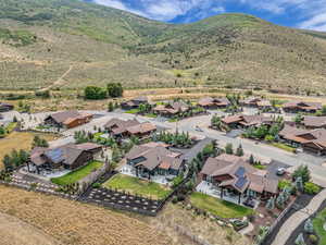 Aerial perspective of suburban area featuring a mountainous background