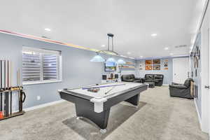 Lage Family room featuring carpet floors, pool table (included), and recessed lighting