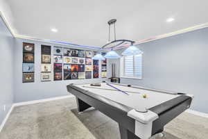 Large Family room featuring carpet floors, recessed lighting, and billiards