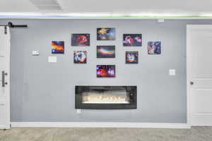 Detailed view of carpet, a glass covered fireplace, and a barn door