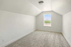 Additional living space with vaulted ceiling, light carpet, and a textured ceiling