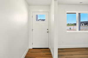 Foyer entrance with wood finished floors and plenty of natural light