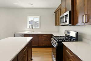 Kitchen with appliances with stainless steel finishes, light countertops, light wood-style flooring, and dark brown cabinets