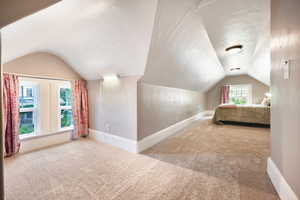 Bedroom with vaulted ceiling, carpet flooring, and a textured ceiling