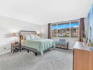 Bedroom featuring carpet floors and a mountain view