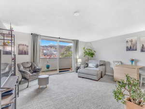 Carpeted living area with a textured ceiling and baseboards