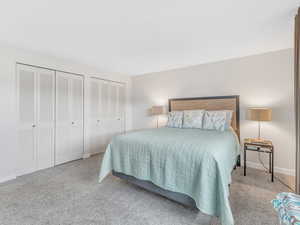 Bedroom with multiple closets and carpet