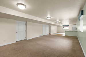 Below grade area with a textured ceiling, carpet flooring, and fridge