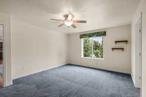 Spare room with carpet flooring, ceiling fan, and a textured ceiling