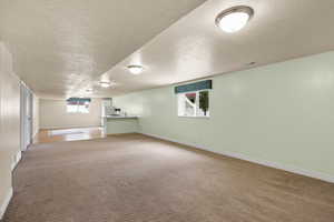 Below grade area featuring a textured ceiling, carpet, and healthy amount of natural light