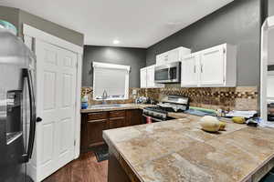 Kitchen with stainless steel appliances, dark wood-style floors, a peninsula, decorative backsplash, and white cabinetry