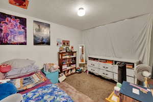 Carpeted bedroom with a textured ceiling