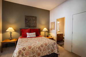 Bedroom featuring dark colored carpet and ensuite bath