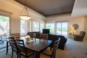 Dining room with carpet, a raised ceiling, and plenty of natural light