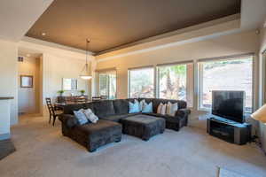 Living area featuring a tray ceiling and carpet