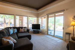 Living room featuring carpet floors, plenty of natural light, and a tray ceiling