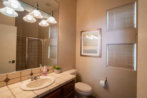 Full bath with vanity, a shower stall, and backsplash