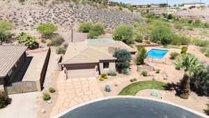 View from above of property with a pool