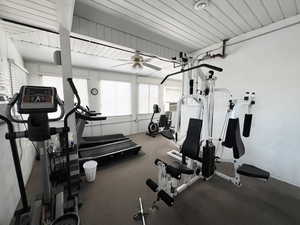 Workout area with ceiling fan