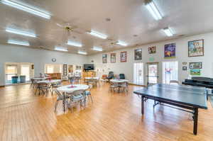 Rec room with a textured ceiling, light wood-style flooring, and a ceiling fan
