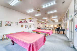 Playroom featuring pool table, carpet floors, ceiling fan, and a textured ceiling