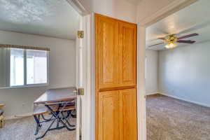 Home office with carpet and ceiling fan