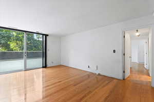 Empty room with light wood-style flooring and floor to ceiling windows
