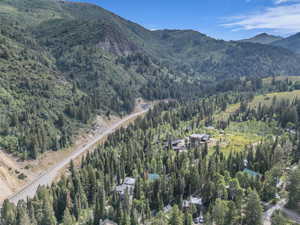 Aerial view of property and surrounding area featuring a heavily wooded area and a mountainous background