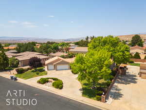 Aerial perspective of suburban area with mountains