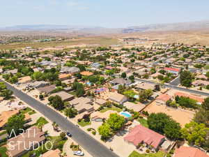 Aerial view of residential area with mountains