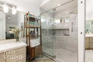 Full bath with vanity and a stall shower