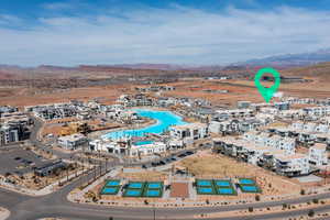 Aerial overview of property's location featuring mountains