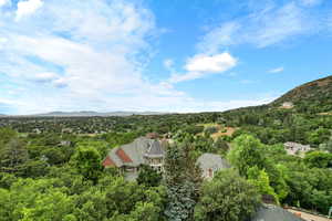 View from above of property with a forest and mountains