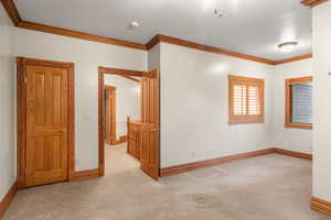 Unfurnished room with ornamental molding and light carpet