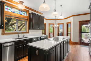 Kitchen featuring healthy amount of natural light, crown molding, light wood finished floors, and a center island