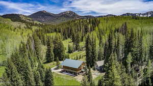 Aerial view of property and surrounding area featuring a mountainous background and a heavily wooded area