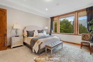 Bedroom with crown molding, light carpet, and recessed lighting