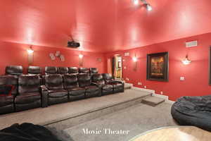 Carpeted cinema with arched walkways and rail lighting