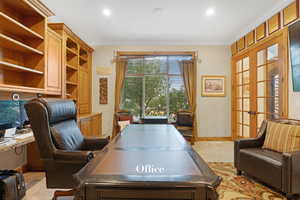 Office with french doors, light colored carpet, recessed lighting, and ornamental molding