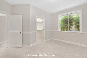 Unfurnished bedroom featuring carpet floors and a spacious closet