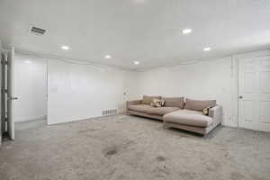 Living area featuring a textured ceiling, carpet floors, and recessed lighting